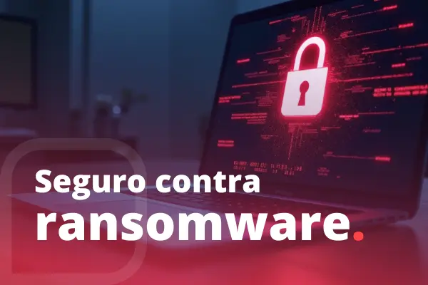 Imagem de um notebook com um cadeado digital vermelho na tela, simbolizando segurança cibernética. Em primeiro plano, aparece o texto 'Seguro contra ransomware'.