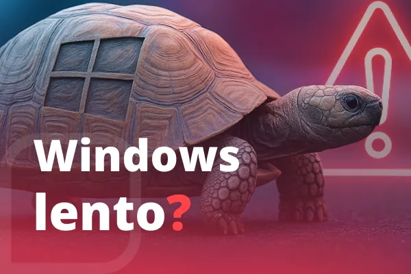 Tartaruga com símbolo do Windows no casco, ilustrando lentidão no sistema, com a frase 'Windows lento?' e ícone de alerta ao fundo.